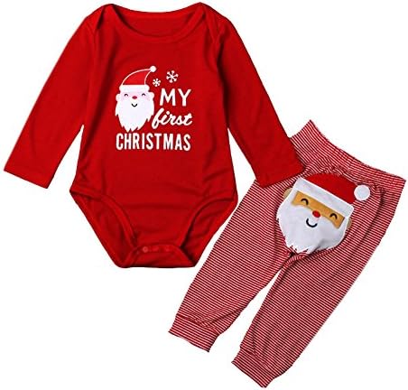 ALLAIBB Toddler Baby Christmas Outfit 2PCs Cartoon Santa Claus Red Bodysuit Striped Pants