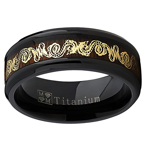 Metal Masters Co. Men's Black Titanium Wedding Band Ring with Goldtone Dragon Inlay Over Real Wood - Thumbnail 2