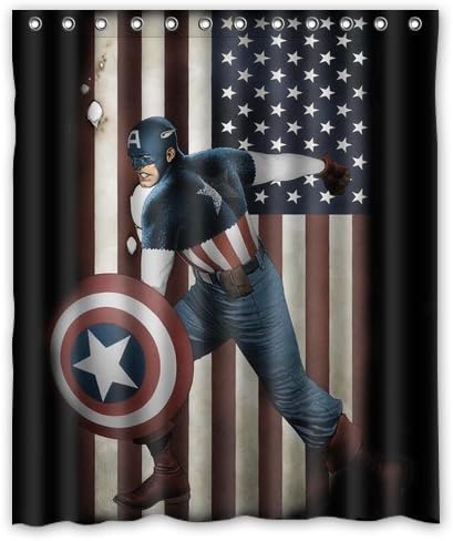 Fantastic Bath Waterproof Custom Unique Design Cartoon Superhero Captain America Fabric Shower Curtain Personalized Standard Size 60 X 72 Inch With Hooks Accessories