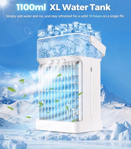 Portable Air Conditioner, 3 Speeds, 3 Mist Settings, 1100ml XL Water Tank, 2~8h Timer, Air Conditioner Portable, Climatiseur Portatif, Personal Small Mini Air Conditioner Cooling Fan for Room Bedroom