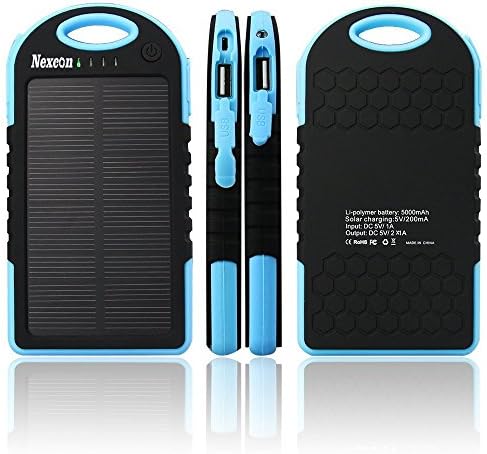 Nexcon Solar Charger 5000mAh Rain-resistant Dirt/Shockproof Dual USB Port Portable Charger Backup Power Pack for iPhone 6 plus 5S 5C 5 Samsung Galaxy S6 S5 S4 S3 Note 4 3, All USB Devices, Blue