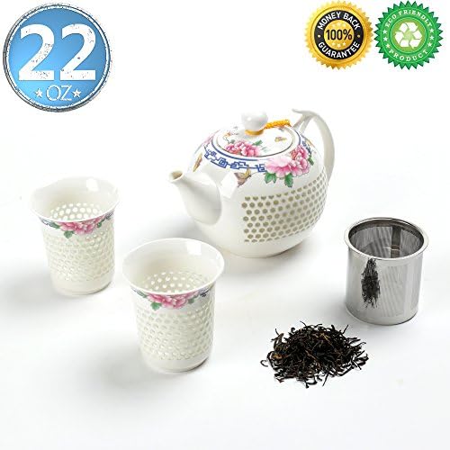 Japanse Porcelain Tea-Pot-Set For 2 with Infuser,Gift Box,TEANAGOO-Janus(Peony), Pot(22 oz) Filter Steeper Diffuser, Steeping 2 cup(5.3oz),Ceramic China Asian Japan Koren Adult Oolong Father's day