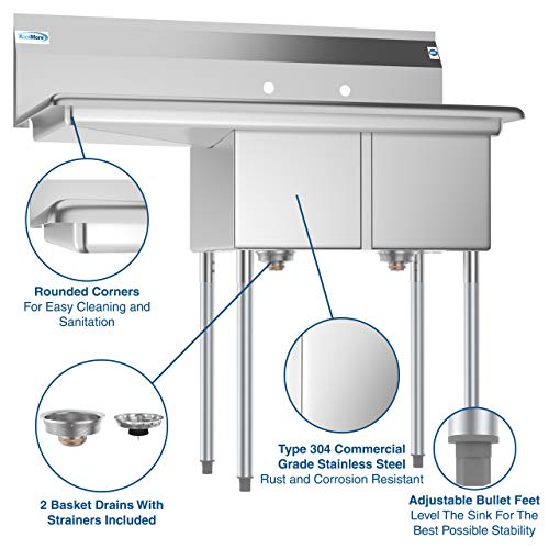 KoolMore 2 Compartment Stainless Steel NSF Commercial Kitchen Prep & Utility Sink with Drainboard - Bowl Size 12" x 16" x 10" - Thumbnail 3