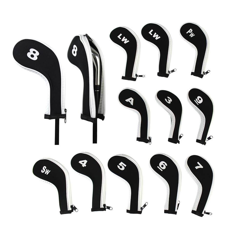 Scott Edward 12pcs Number Print Golf Club Irons Covers Neoprene Zippered Golf Wedge Covers with Long Neck Protective Mesh Men Women Fit Most Standard Irons (White Black)