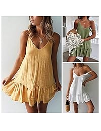 Annystore - Vestido corto de verano para mujer, cuello en V, sin mangas, con volantes, color liso