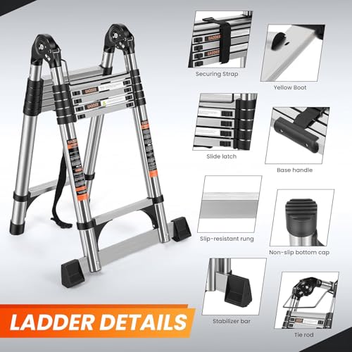 Escalera Telescópica Tipo A,Escalera Extensible de Aluminio Compacto de 5M, Escalera Telescópica Portátil para Autocaravana para Viajes al Aire Libre Con Barra Estabilizadora,Capacidad de 150KG