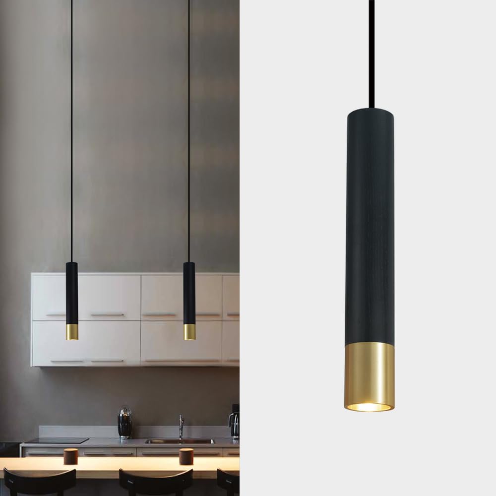 ouglres Pendant Light Black and Gold,Industrial Hanging Lamp,Durable Metal Lampshade,Modern Cylinder Wood Pendant Light for Bedroom Bedside Bar Cafe Kitchen,Height Adjustable,Gu10,1Pack