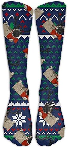 Antler Pug Christmas Pattern Compression Socks For Women And Men Athletic Running Socks For Nurses Medical Travel Varicose Veins Sports - Below Knee High