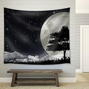 Silhouette of a Tree Against The Big Moon and The Star Night Sky. - Fabric Wall Tapestry Home Decor - 51x60 inches