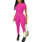 ZFLM Casual Workout Two Piece Outfits for Women Fitted Crew Neck T-shirt High Waist Pants Matching Sets Streetwear