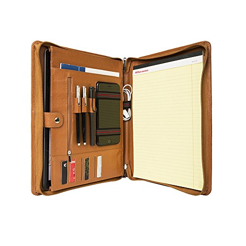 Professional Portfolio Compact Litchi Full-Grain Leather Organizer Zippered Handled Padfolio Case for iPad Pro 12.9,Microsoft Surface Pro3/4,MacBook Air/Pro11''-13'',Surface Pro (yellow)