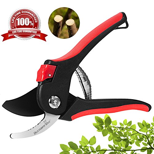 Butterfly Love Garden Pruning Shears, 8" Professional Bypass Hand Pruners with SK-5 Sharp Steel Blade and Safety Lock, Heavy Duty Tree Trimmers Secateurs, Clippers for the Garden