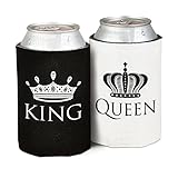 King and Queen Can Cooler - Front and Back Print- Wedding, Anniversary, Newlywed, Bridal shower, Bachelorette Novelty Gift Set - Pack of 2- Gift for Mom, Women, Friends or Her