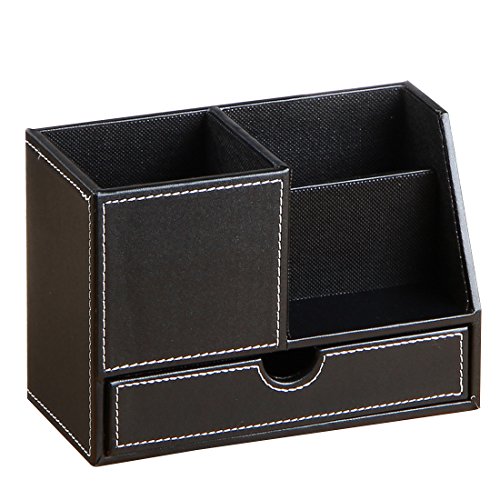 PU Leather Multi-function Desk Stationery Organizer Storage Box Pen and Pencil holders Business Cards Stand Desk Organizer Set Office Table Accessories (Black-large)