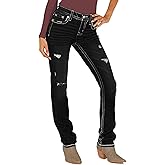 PEIHOT Women's Mid Rise Slim Fit Jeans Ripped Stretchy Straight Leg Denim, Casual Elegance with Embroidered Back Detail