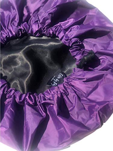 Large Satin Lined Shower Cap- Adjustable, Waterproof, Satin Interior for Hair Protection, Designed for Large, Long, or Natural, Hair, Reusable Cap by Glow by Daye (Purple/Black)