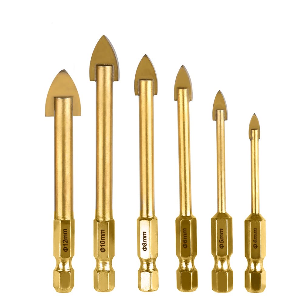 TIMESETL 6Pcs Glass Drill Bit 4/5/6/8/10/12mm Tile Drill Bit 1/4" Hex Shank Spear Head Drill Bit for Glass Tile Ceramic Mirror Porcelain Marble