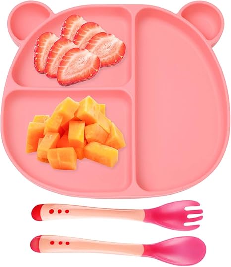 Assiette A Ventouse Pour Bebe Silicone 1 Cuillere En Silicone 1 Fourchette Avec Ventouse Antiderapant Avec 3 Compartiments Rose Amazon Fr Bebes Puericulture