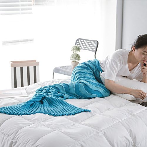 AILOVE Knitted Fabric Mermaid Tail Blanket Handmade Knitted Crochet Wave Stripe Pattern Sleeping Sofa Blanket All Season Sleeping Bag For Adult Kids Teenager Christmas Gifts (lake blue)