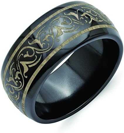 Shop4Silver Titanium Black Ti Domed Lasered Pattern 10mm Band, Size 12.5