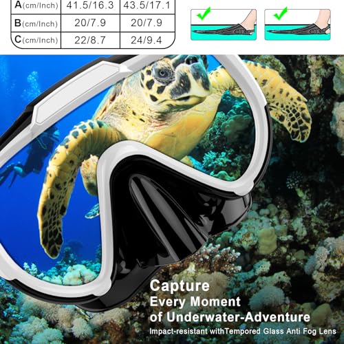 EMSINA Mask Fin Snorkel Set with Adult Snorkeling Gear, Panoramic View Diving Mask, Trek Fin, Dry Top Snorkel +Travel Bags, Snorkel for Lap Swimming