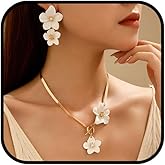 AllJunction Flower Statement Necklace and Earrings Jewelry Sets for Women Chunky Big Large White Yellow Hibiscus Flowers Floral Earrings and Choker Necklaces Set