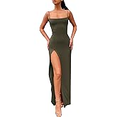 PRIMODA Women's Spaghetti Strap Bodycon Maxi Dress Long Formal Thigh-high Slit Club Wedding Guest Dress