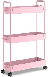 SOLEJAZZ 3-Tier Storage Trolley Cart Slim Rolling Utility Cart Pink