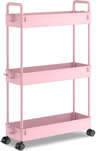 SOLEJAZZ 3-Tier Storage Trolley Cart Slim Rolling Utility Cart Pink