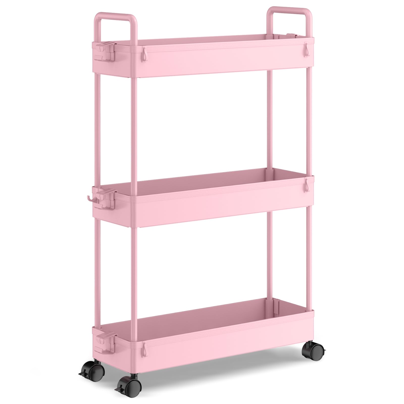 SOLEJAZZ 3-Tier Storage Trolley Cart Slide-out Slim Rolling Utility Cart Mobile Storage Shelving Organizer for Kitchen, Bathroom, Laundry Room, Bedroom, Narrow Places, Plastic, Pink