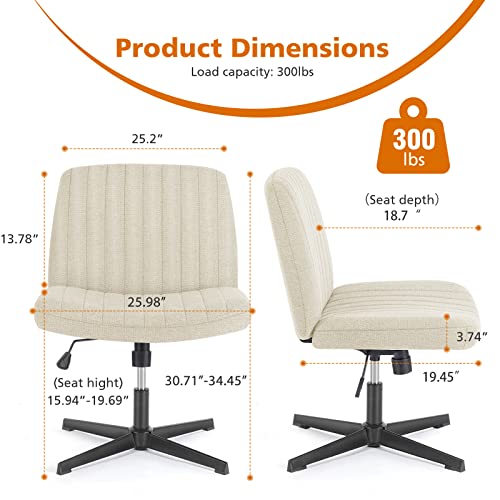Sweetcrispy Criss Cross Chair, Armless Swivel Desk Chair No Wheels, Adjustable Height Wide Seat Vanity Chair, Computer Task Desk Seating for Home Bedroom, Beige