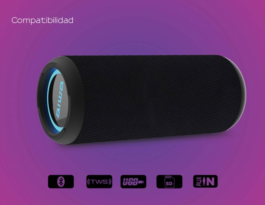 Aiwa Bocina Portatil Bluetooth AW-KF4 20W RMS Portátil con Luces LED, Batería Recargable, Resistente al Agua y Polvo, Conectividad USB/AUX/Bluetooth, Sonido Potente para Viajes y Hogar