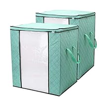 LivingBox Large Capacity Clothes Storage Bag Organizer with Reinforced Handle for Comforters, Blankets, Bedding, Foldable with Sturdy Zipper, Clear Window, 2 Pack, Green