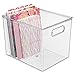 mDesign Tall Deep Rectangular Plastic Office Supplies Storage Organizer Bin with Carrying Handles - Pads, Pens, Pencils, Dry Erase Markers, Highlighters, Sticky Notes, Ligne Collection, 4 Pack, Clear