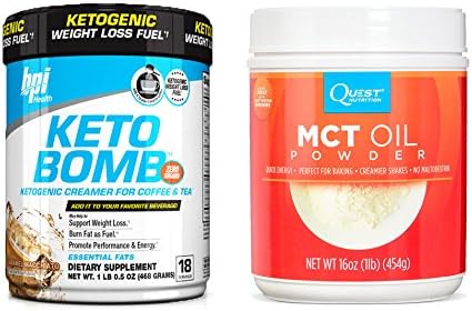 BPI Sports Keto Bomb 18 srv &amp; Quest Nutrition MCT Oil Powder 16 oz - Sugar Free Creamer Bundle to Support Weight Loss, Energy and Overall Health, Perfect for Ketogenic Diets (Caramel Macchiato)