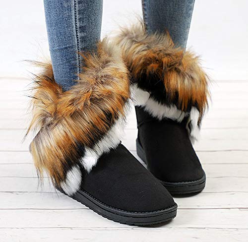 King Ma Women's Faux Fur Tassel Winter Snow Boot Suede Flat Ankle Boots Black