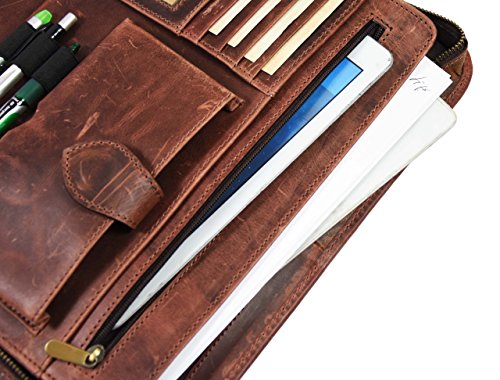 RFID Protected Leather Portfolio | Zipper Binder Planner | Tablet Holder by Aaron Leather (Brunette Brown)
