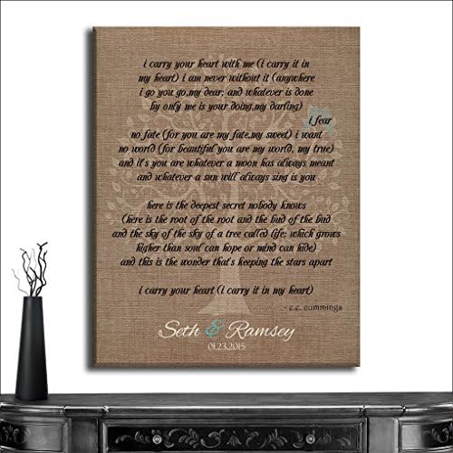 16X20 Custom Mounted Canvas Art Print Personalized Gift For Mother of Bride Parents Faux Burlap Turquoise I Carry Your Heart E. E. Cummings Custom Wedding Art
