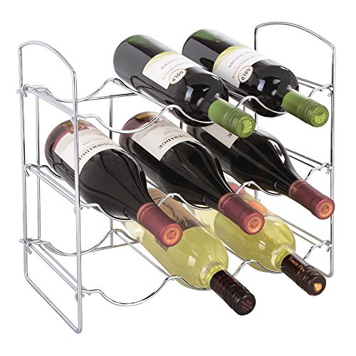 mDesign Metal Free-Standing Wine Rack Storage Organizer for Kitchen Countertops, Pantry, Fridge - Stores Wine, Beer, Pop/Soda, Water Bottles - 3 Levels, Holds 9 Bottles - Chrome