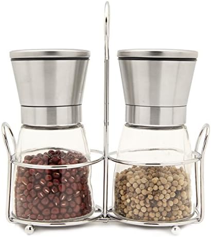 Professional Salt and Pepper Grinder Set With Stand Manual Salt and Pepper Mills with Stainless Steel and Glass Body Adjustable Ceramic Rotor for Seasoning