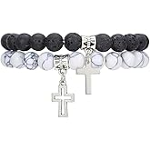 Matte Lava Rock Beaded Cross Pendant Stretch Couple Bracelet Set for Women Men Black White 8mm Howlite Natural Volcanic Stone Matching Beads Elastic Bracelets Religion Charm Friendship Jewelry