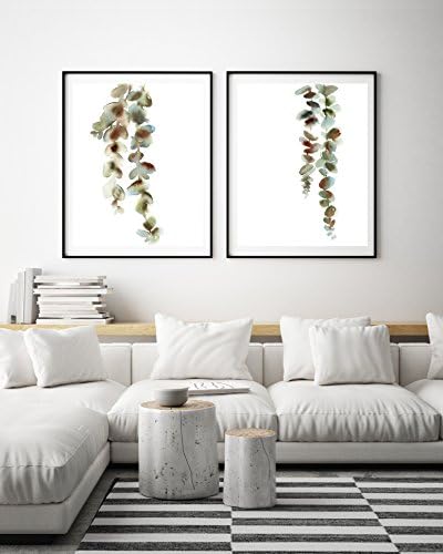 Eucalyptus leaves art print set, 2 fine art prints, colourful leaves watercolor painting art, modern minimalist botanical wall art prints set
