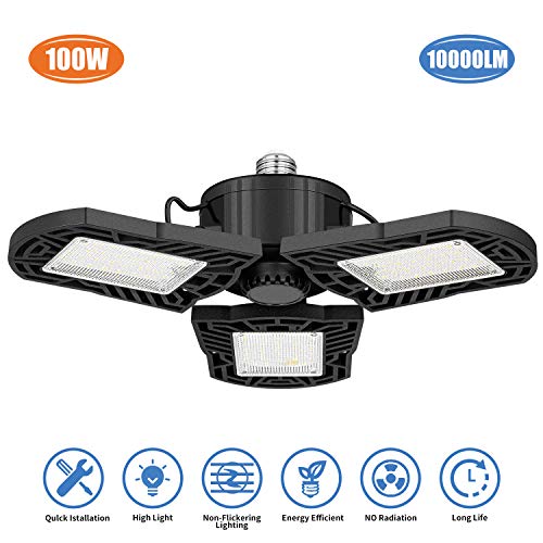 LED Garage Lights, 10000 Lumens Deformable Trilight Lighting, 100W Super Bright Garage Ceiling Light with E27/E26, CRI 80, 6000k Nature Light for Garage, Basement, Workshop, Shop (Black-100W-1 Pack)