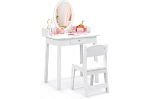 KOTEK Kids Vanity Table and Chair Set, Girls Vanity Set with Mirror and Lights, Jewelry Stand & Storage Drawer, Wooden Prince