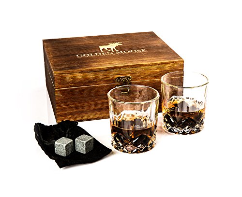Whiskey Stones Gift Set – 2 Whiskey Glasses (220ml), 8 Exclusive Whiskey Rocks & Velvet Bag + Tongs in a Elegant Wooden Gift Box – By Golden Moose