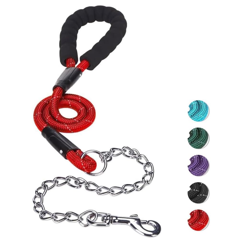 MIHACHI Anti Chew Dog Lead - Heavy Duty Rope Dog Leash with Anti-Bite Chain and Soft Padded Handle, No Tangle Strong Leash with Reflective Threads — image 1
