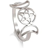 TEAMER Stainless Steel Triple Moon Goddess Ring Amulet Wicca Pentagram Ring Pagan Jewelry for Women