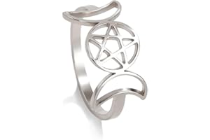 TEAMER Stainless Steel Triple Moon Goddess Ring Amulet Wicca Pentagram Ring Pagan Jewelry for Women
