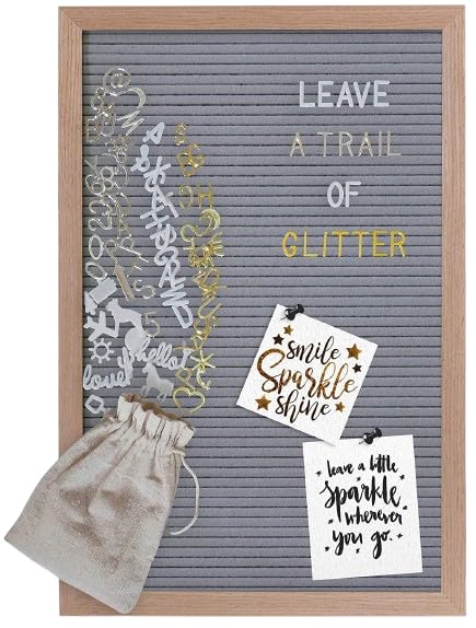 Gadgy Retro Felt Letter Board Grey - Oak Frame with 510 Letters, 100 Icons & 4 Pins, Decorative Message Board - 30x45 cm