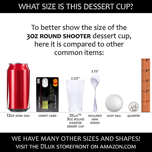 DLux 100 x 3 oz Mini Dessert Cups with Spoons, Shooter - Clear Plastic Parfait Appetizer Cup - Small Disposable Reusable Shot Glass for Tasting Party Shooters Desserts Appetizers - With Recipe Ebook